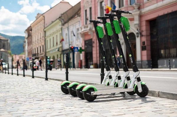 Brasov Romania June 2022 Row Electric Scooters Sharing Street — Stockfoto