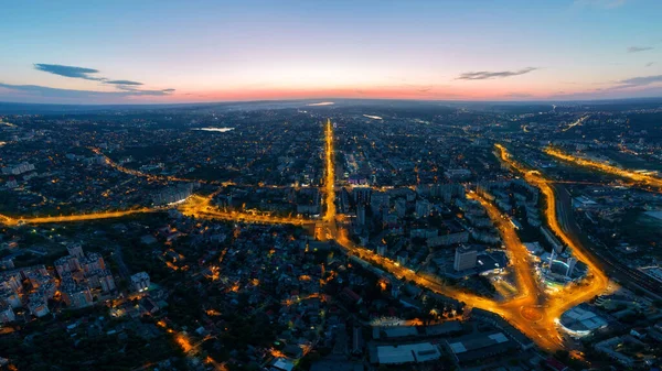 Aerial Drone Panoramic View Chisinau Downtown Sunset Roads Multiple Buildings — Stock Fotó