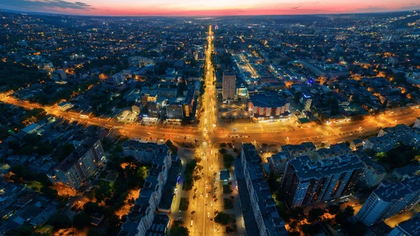 Aerial Drone Panoramic View Chisinau Downtown Sunset Roads Multiple Buildings — ストック写真