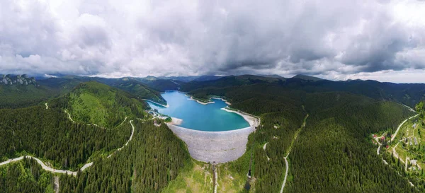 Aerial Drone Panoramic View Bicaz Lake Dam Romania Carpathian Mountains — Stockfoto