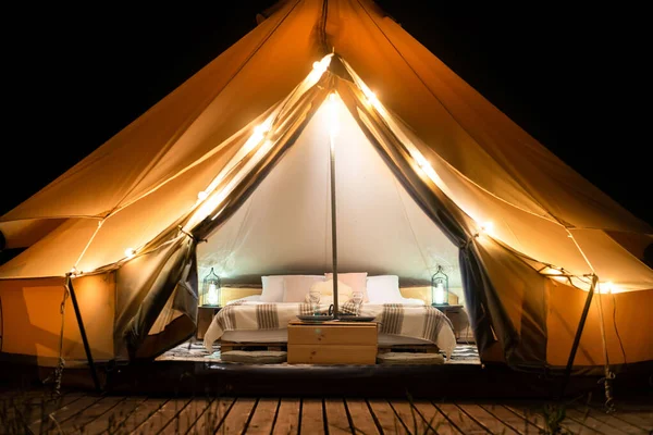 Tent Interior Exterior Lamps Bed Furniture Glamping Night — Fotografia de Stock