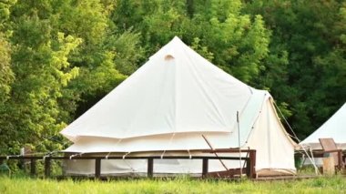 Tents with wooden chairs at glamping, lush forest around
