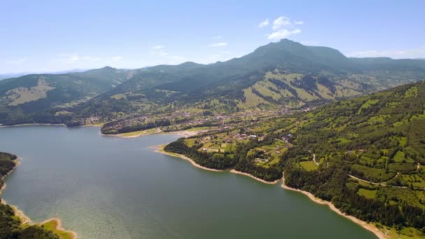 Aerial Drone View Nature Carpathians Romania Sunset Lake Izvorul Muntelui — Video