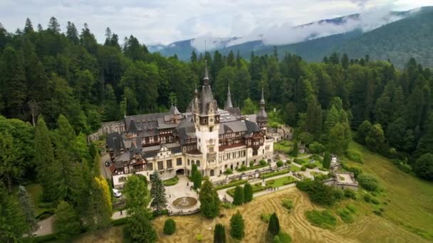 Aerial Drone View Peles Castle Romania Castle Gardens Tourists Carpathians — Video