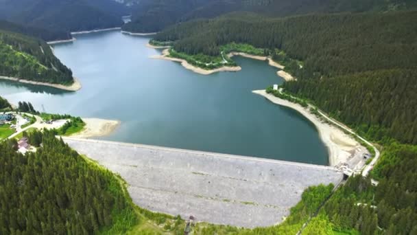 Aerial Drone View Bicaz Lake Dam Romania Carpathian Mountains Covered — Video