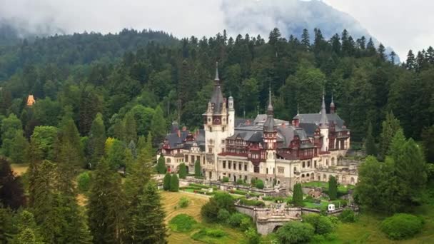 Aerial Drone View Peles Castle Romania Castle Gardens Tourists Carpathians — Vídeo de Stock