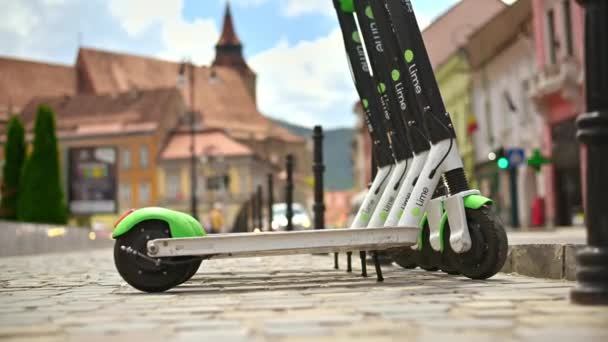 Brasov Romania June 2022 Row Lime Electric Scooters Sharing Street — Video
