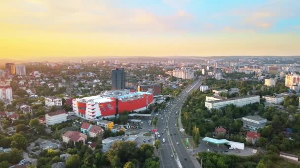 Aerial Drone View Chisinau Sunset Panorama View Multiple Buildings Mall — Stockvideo
