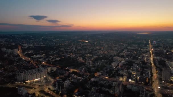 Aerial Drone View Chisinau Downtown Sunset Roads Moving Cars Illumination — Stock Video