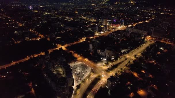 Aerial Drone View Chisinau Downtown Sunset Roads Moving Cars Illumination — ストック動画