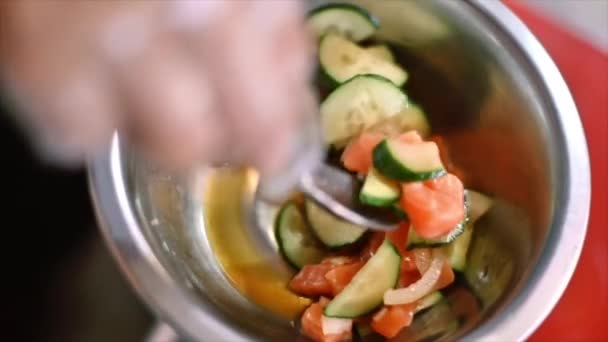 Cook Mixes Ingredients Poke Bowl Vegetables Fish Slow Motion — Vídeo de Stock