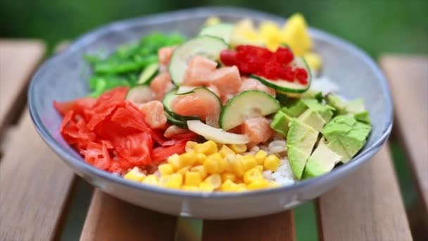 Poke Vegetables Seafood Bowl — Video Stock