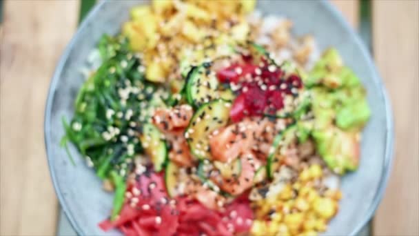 Poke Vegetables Seeds Seafood Salmon Bowl — Stok video