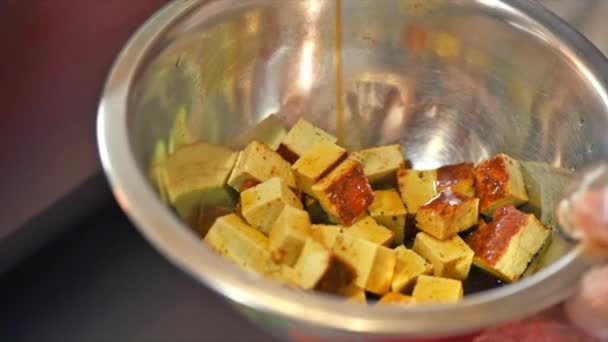 Cook Mixes Ingredients Vegan Poke Bowl Tofu Sauce Slow Motion — Stockvideo