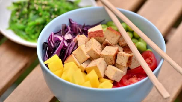 Poke Végétalien Avec Des Légumes Tofu Dans Bol Algues Marines — Video
