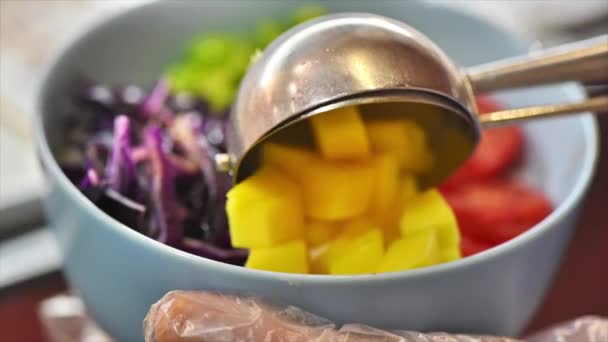 Cook Making Vegan Poke Adding Vegetables Slow Motion — Vídeos de Stock