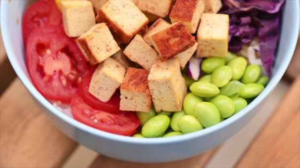 Vegan Poke Vegetables Tofu Bowl — Stok video