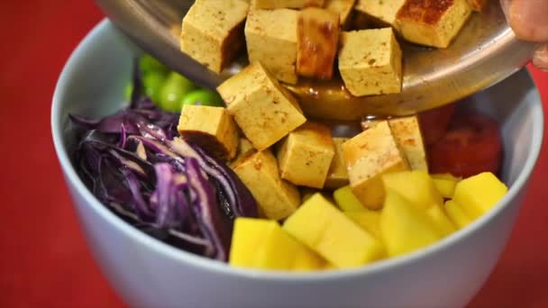 Cook Making Vegan Poke Adding Tofu Slow Motion — Stockvideo