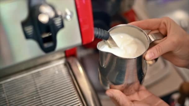 Barista Steaming Milk Coffee Maker Slow Motion — Vídeos de Stock