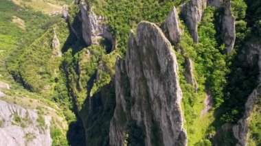 Aerial drone view of a rocky canyon in Romania. Rocky cliffs with greenery