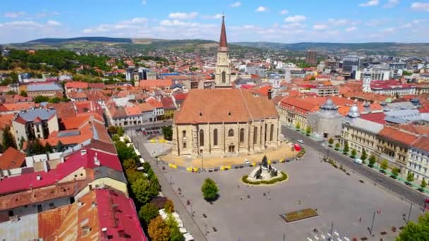 Aerial Drone View Saint Michael Church Cluj Romania Cityscape Central — Stockvideo