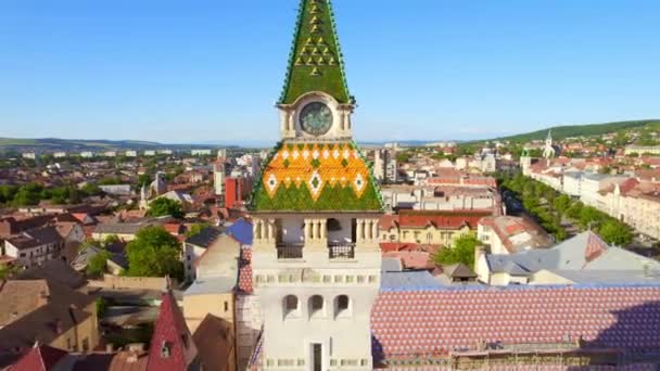 Aerial Drone View Prefecture Tower Centre Targu Mures Romania Old — ストック動画