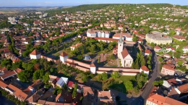 Aerial Drone View Targu Mures Fortress City Centre Romania Old — ストック動画