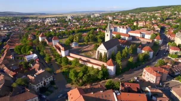 Aerial Drone View Targu Mures Fortress City Centre Romania Old — ストック動画