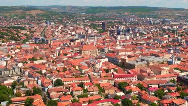 Aerial Drone View Cluj Centre Romania Cityscape Roads Cars Old — 图库视频影像