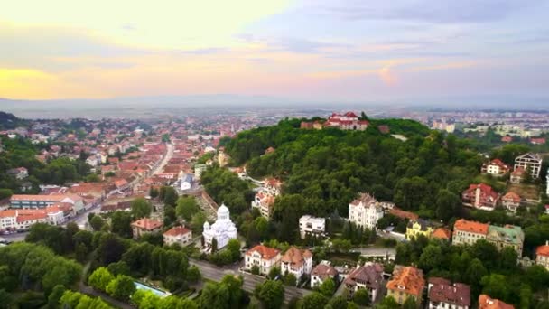 Aerial Drone View Citadel Brasov Sunset Romania Medieval Fortress Top — Vídeo de stock