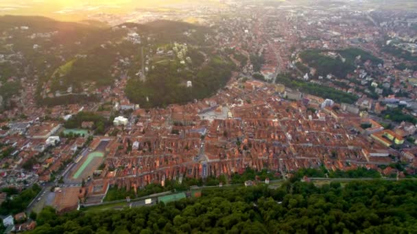 Aerial Drone View Brasov Sunset Romania Old City Centre Buildings — Video Stock