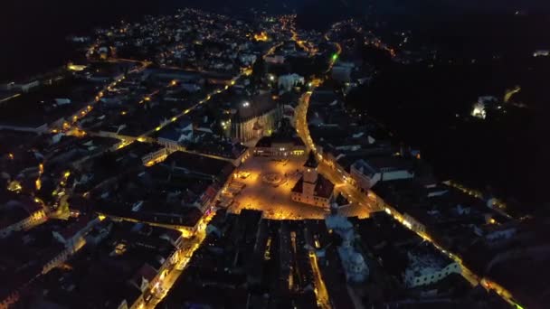 Aerial Drone View Main Central Square Brasov Night Romania Old — Videoclip de stoc