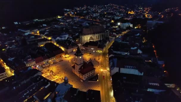 Aerial Drone View Main Central Square Brasov Night Romania Old — Stockvideo