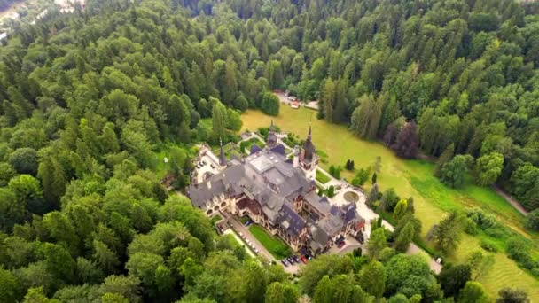 Aerial Drone View Peles Castle Romania Castle Gardens Tourists Carpathians — ストック動画