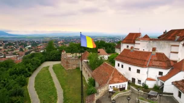 Aerial Drone View Citadel Brasov Romania Medieval Fortress National Flag — Stock video
