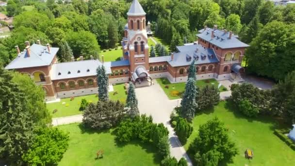Aerial Drone View Episcopal Church Curtea Arges Monastery Romania People — Stockvideo