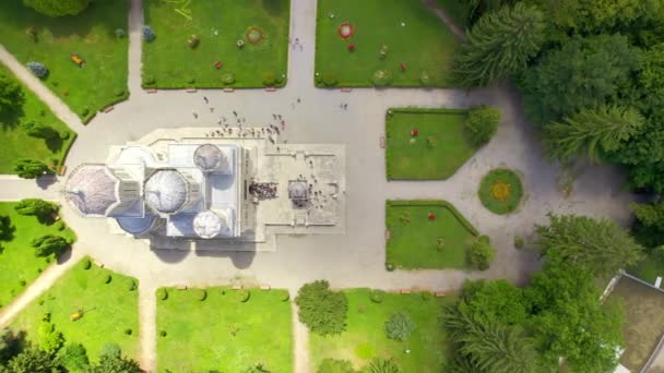 Aerial Drone Vertical View Curtea Arges Monastery Romania Multiple People — 비디오