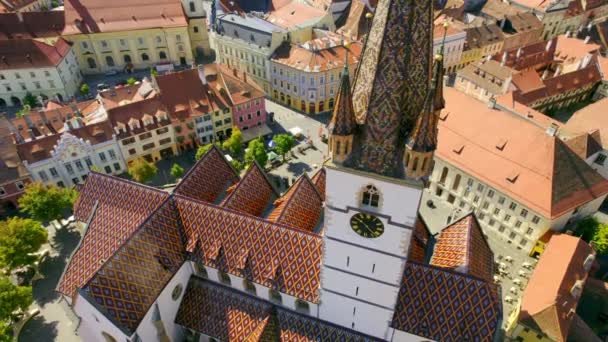 Aerial Drone View Historic Centre Sibiu Romania Sibiu Lutheran Cathedral — Stock video