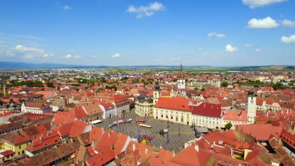 Flydronebilde Sibius Historiske Senter Romania Den Store Plass Med Gamle – stockvideo