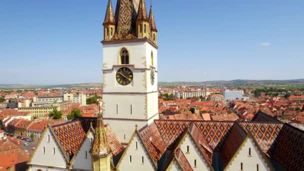 Aerial Drone View Historic Centre Sibiu Romania Sibiu Lutheran Cathedral — Wideo stockowe