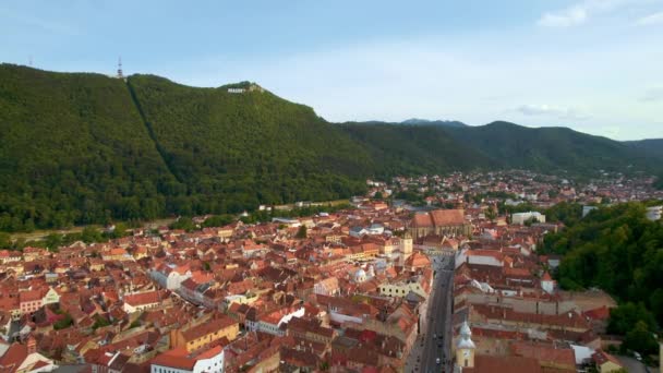 Aerial Drone View Main Central Square Brasov Night Romania Old — Stock Video