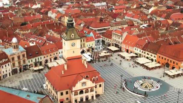 Aerial Drone View Main Central Square Brasov Night Romania Old — Video Stock