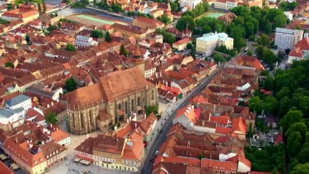 Aerial Drone View Black Church Old Brasov Centre Romania Old — 图库视频影像