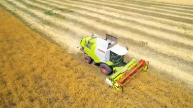 BACAU, ROMANIA - JULY, 2022: Aerial drone view of the harvester gathering crops in the field