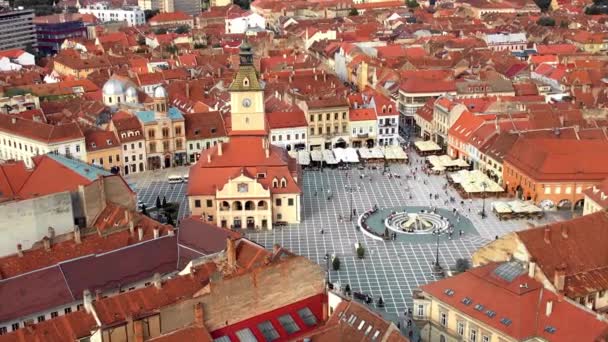 Aerial Drone View Main Central Square Brasov Night Romania Old — Stock Video