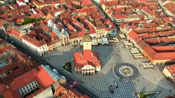 Aerial Drone View Main Central Square Brasov Night Romania Old — Stockvideo