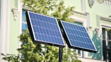 Close view of solar panels on a post on the street in Sibiu, Romania
