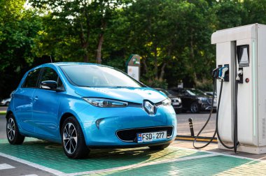 CHISINAU, MOLDOVA - JULY, 2022: Electric Renault ZOE at car charging station