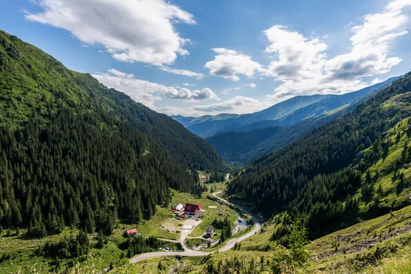 View Nature Carpathians Romania Buildings Transfagarasan Route Valley Hills Covered — Stock Fotó