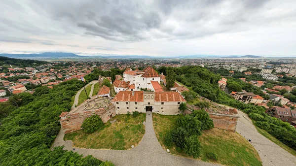 Aerial Drone Wide View Citadel Brasov Romania Medieval Fortress Top — Foto de Stock